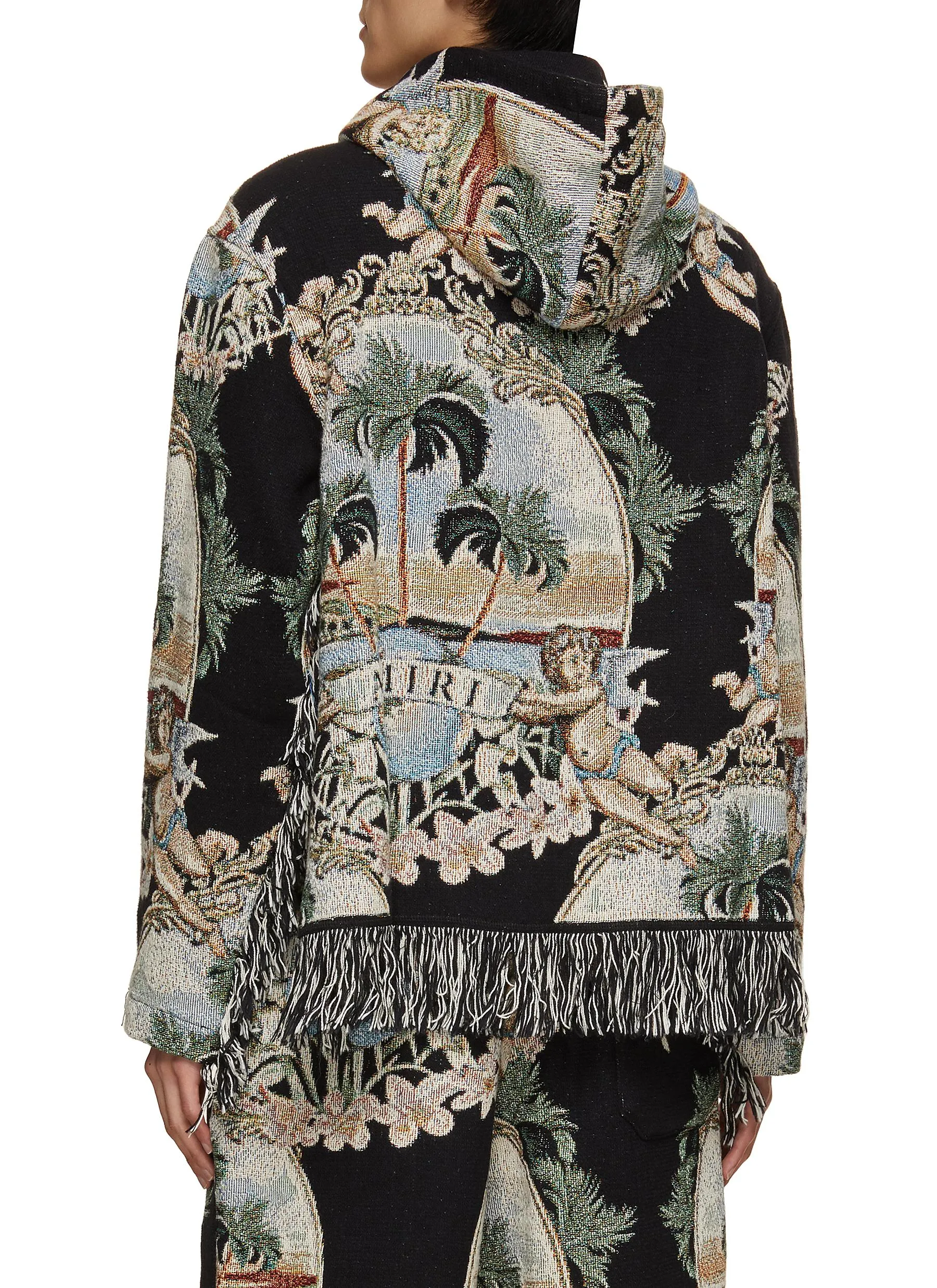 -----------AMIRI  ---- ------------ ----Fringe Hem Chrub Palm Tree Tapestry Cotton Hoodie --