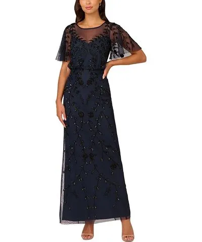 Adrianna Papell Beaded Mesh Blouson Column Gown