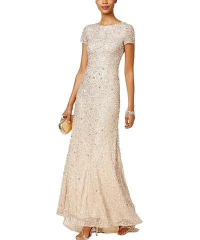 Adrianna Papell Petites Womens Sequined Cap Sleeve Evening Dress