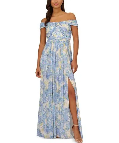 Adrianna Papell Pleated Off-the-Shoulder Gown