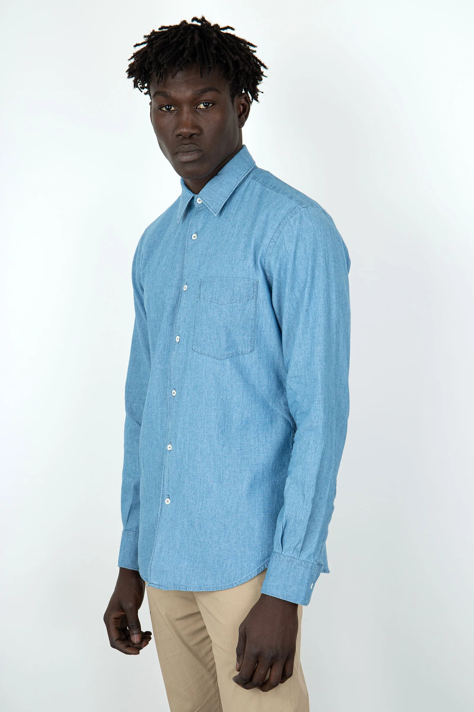 Aspesi Camicia Sedici In Chambray Giapponese Blu Chiaro Uomo