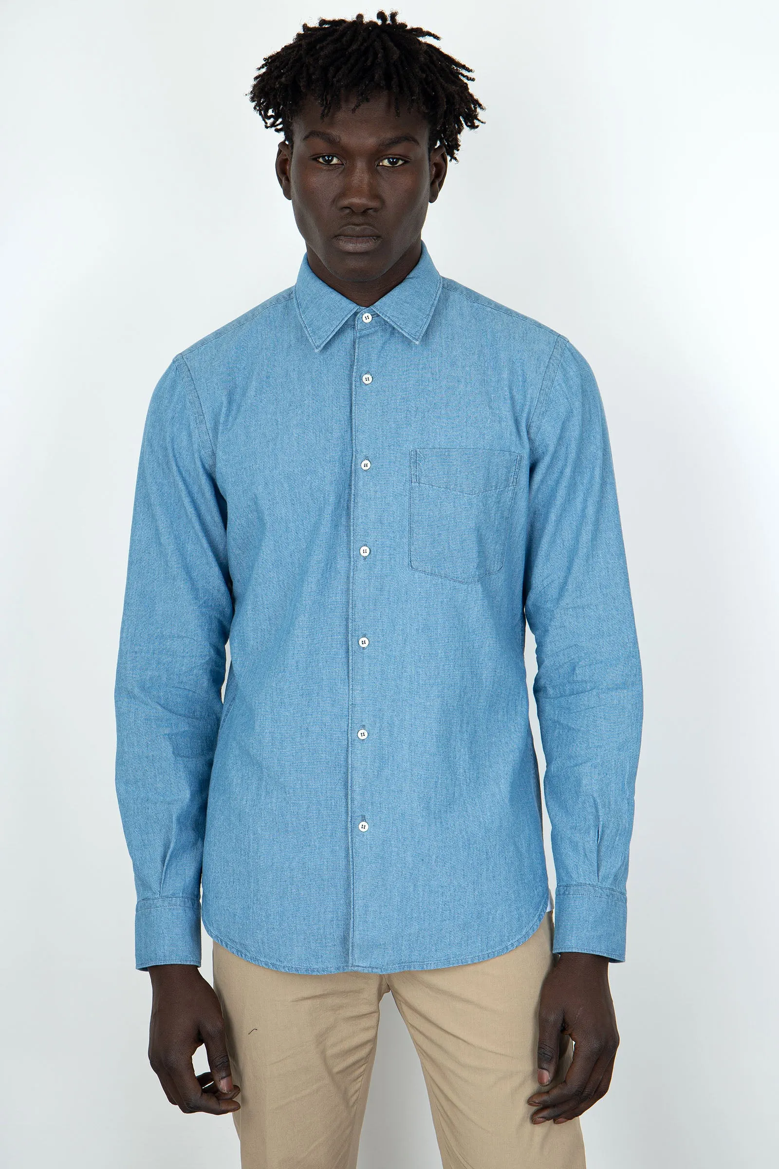 Aspesi Camicia Sedici In Chambray Giapponese Blu Chiaro Uomo