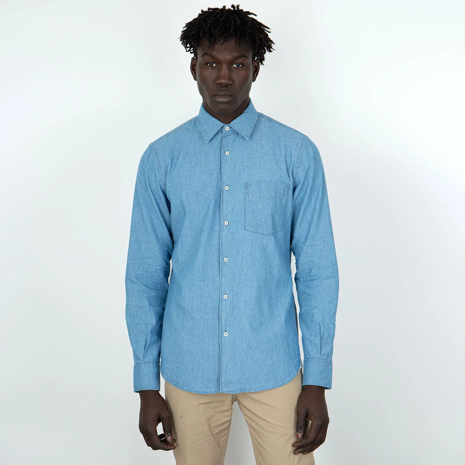 Aspesi Camicia Sedici In Chambray Giapponese Blu Chiaro Uomo