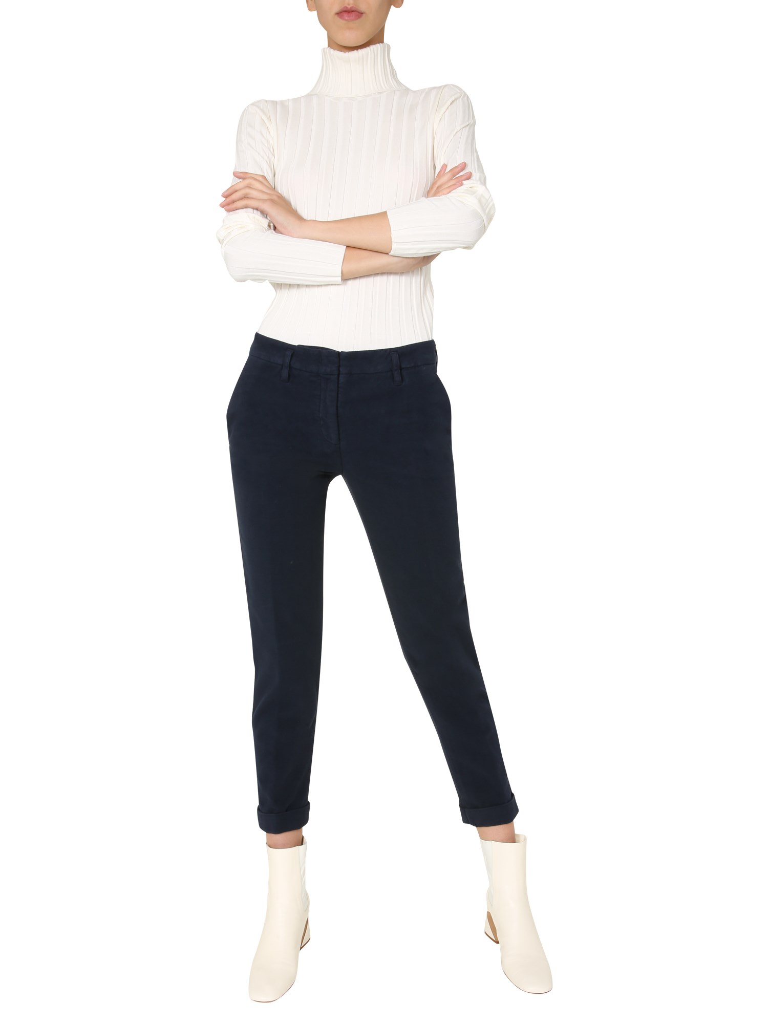 ASPESI    SLIM FIT STRETCH COTTON SATIN TROUSERS WITH TURN-UP