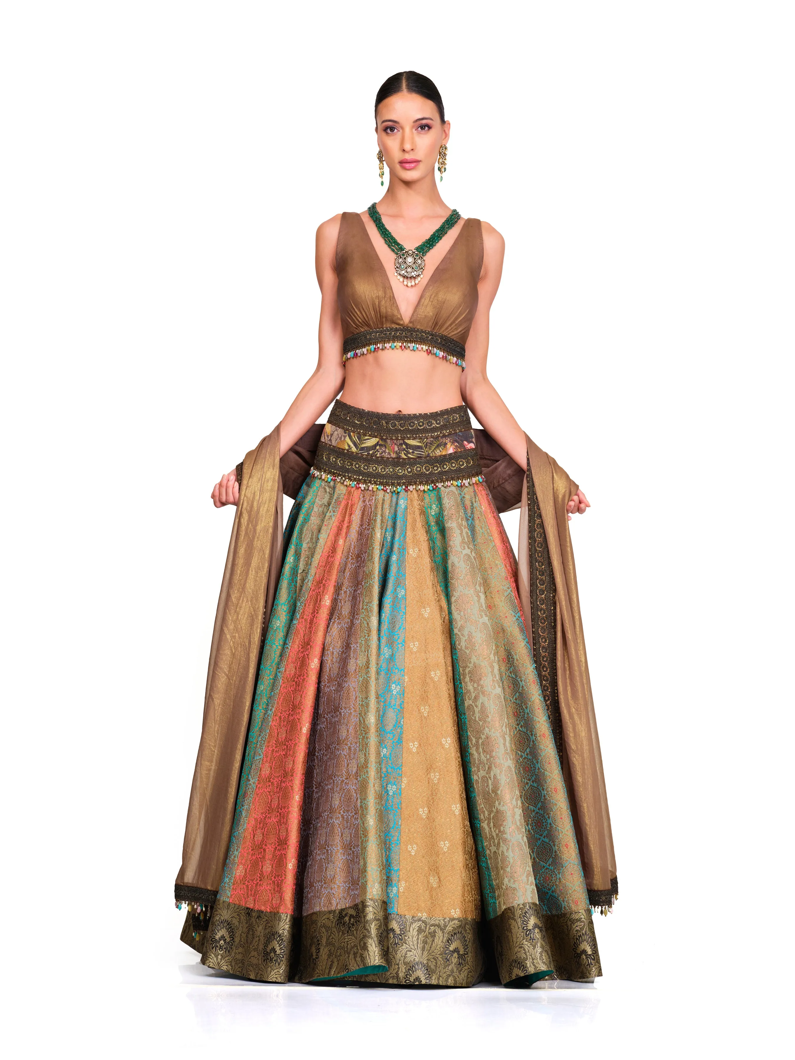 Brocade Lehenga with Organza V neck Blouse