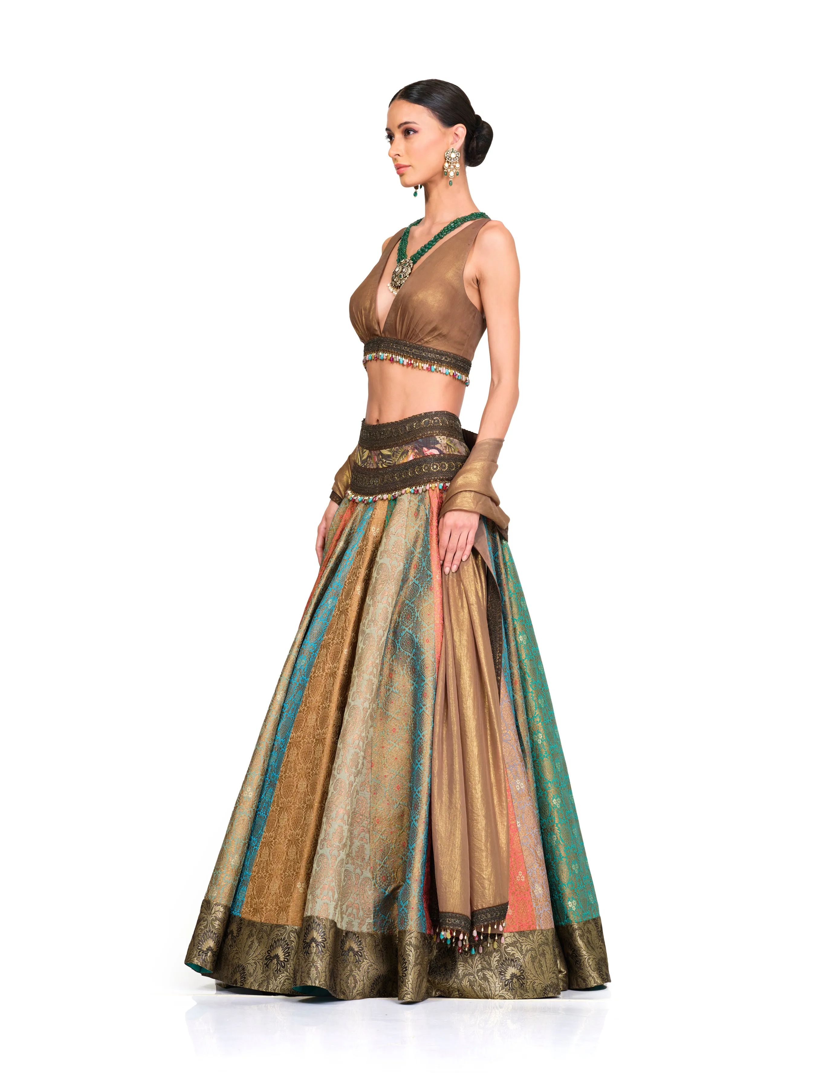 Brocade Lehenga with Organza V neck Blouse