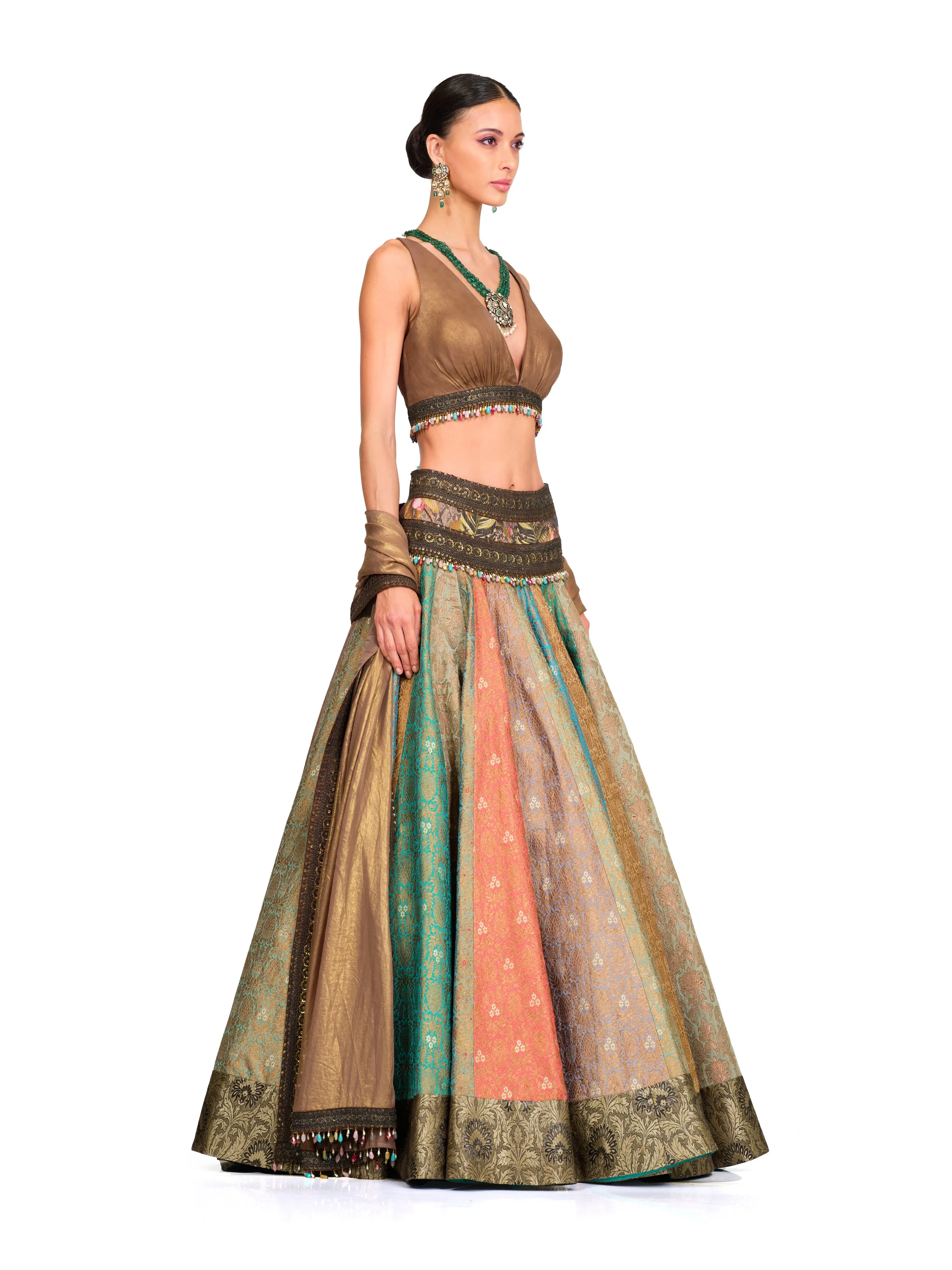 Brocade Lehenga with Organza V neck Blouse