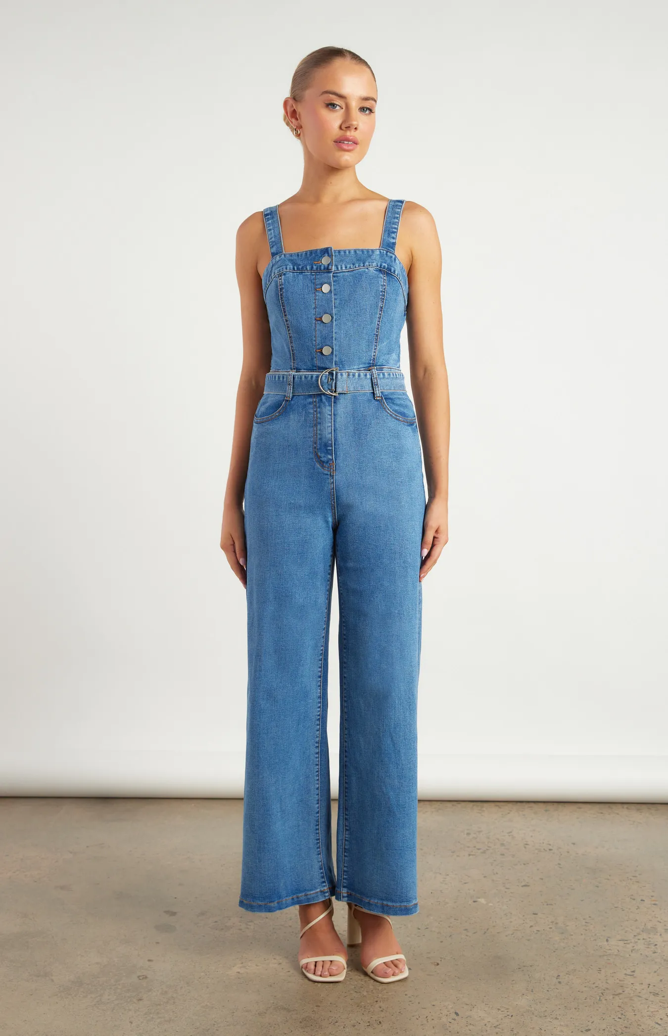 Button Up Denim Jumpsuit with D Ring Belt (WDM628B)