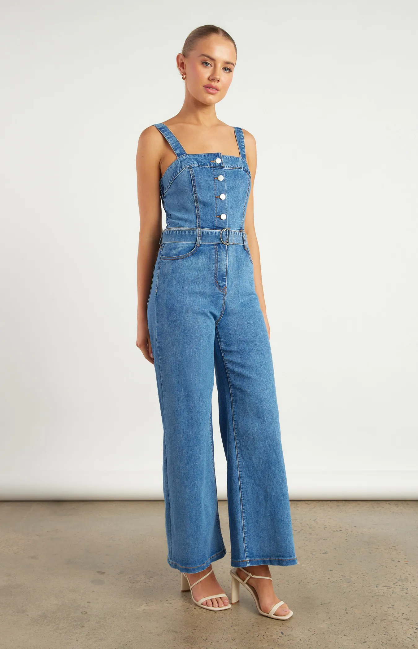 Button Up Denim Jumpsuit with D Ring Belt (WDM628B)