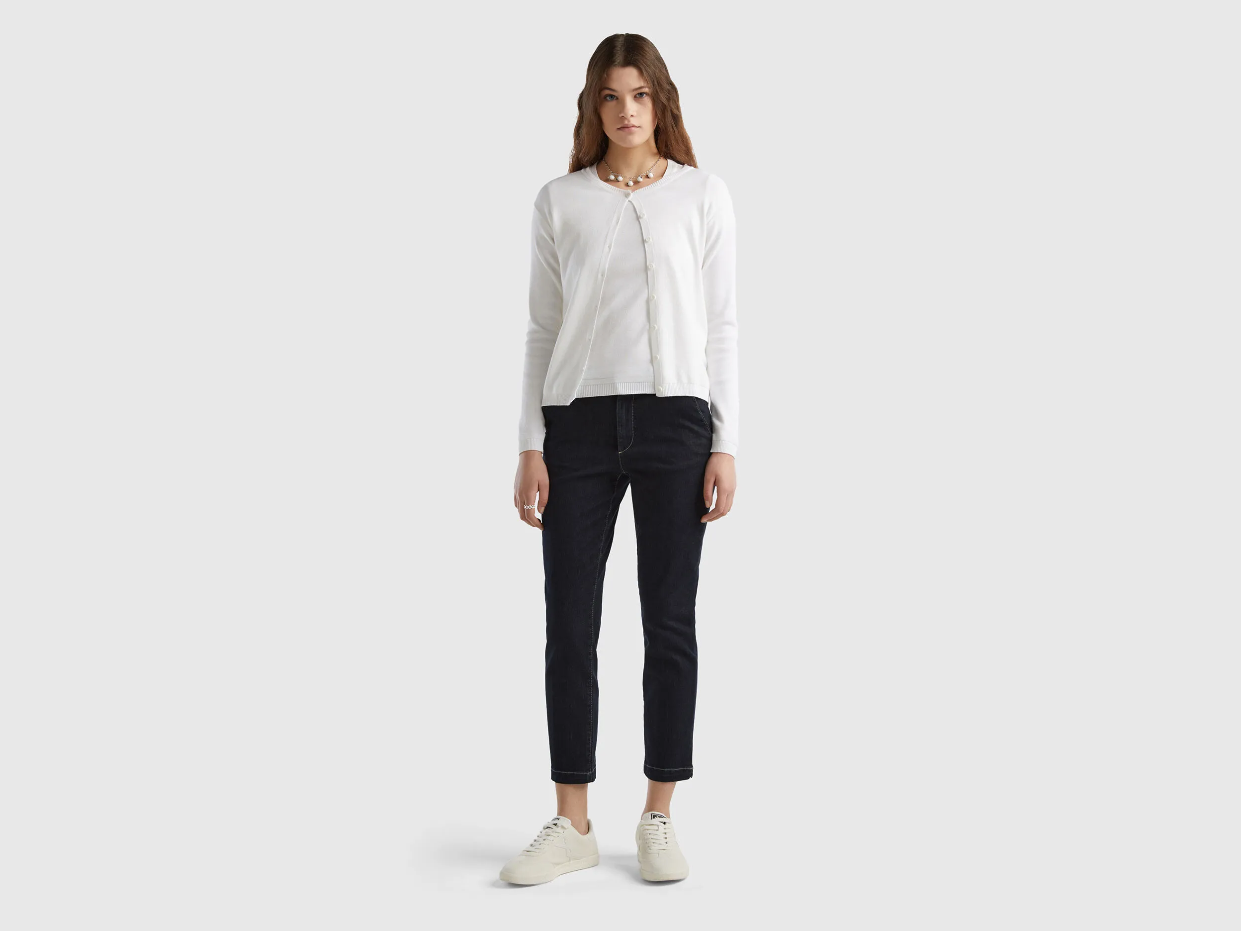 Crew neck cardigan in pure cotton - White | Benetton