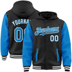 Custom Black Electric Blue-White Bomber Full-Snap Varsity Letterman Two Tone Hoodie Jacket