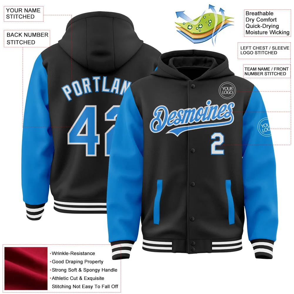 Custom Black Electric Blue-White Bomber Full-Snap Varsity Letterman Two Tone Hoodie Jacket