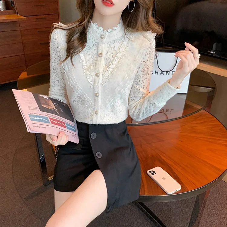 Elegant Women's Non-stretch Lace Full Sleeves Basic Office Blouse Top