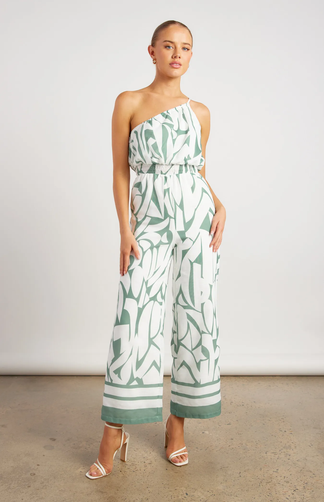 Faux Linen Placement Print Jumpsuit with Shirred Waist Detail (WJP252-2B)