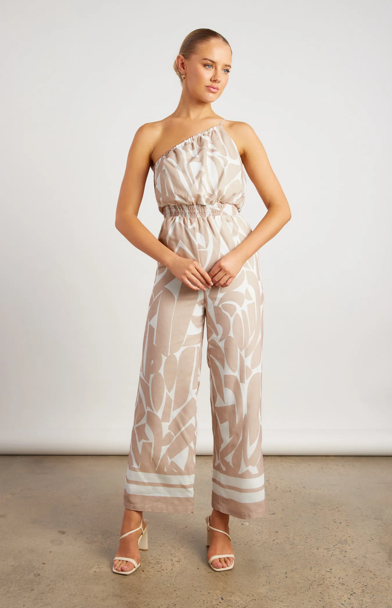 Faux Linen Placement Print Jumpsuit with Shirred Waist Detail (WJP252-2B)