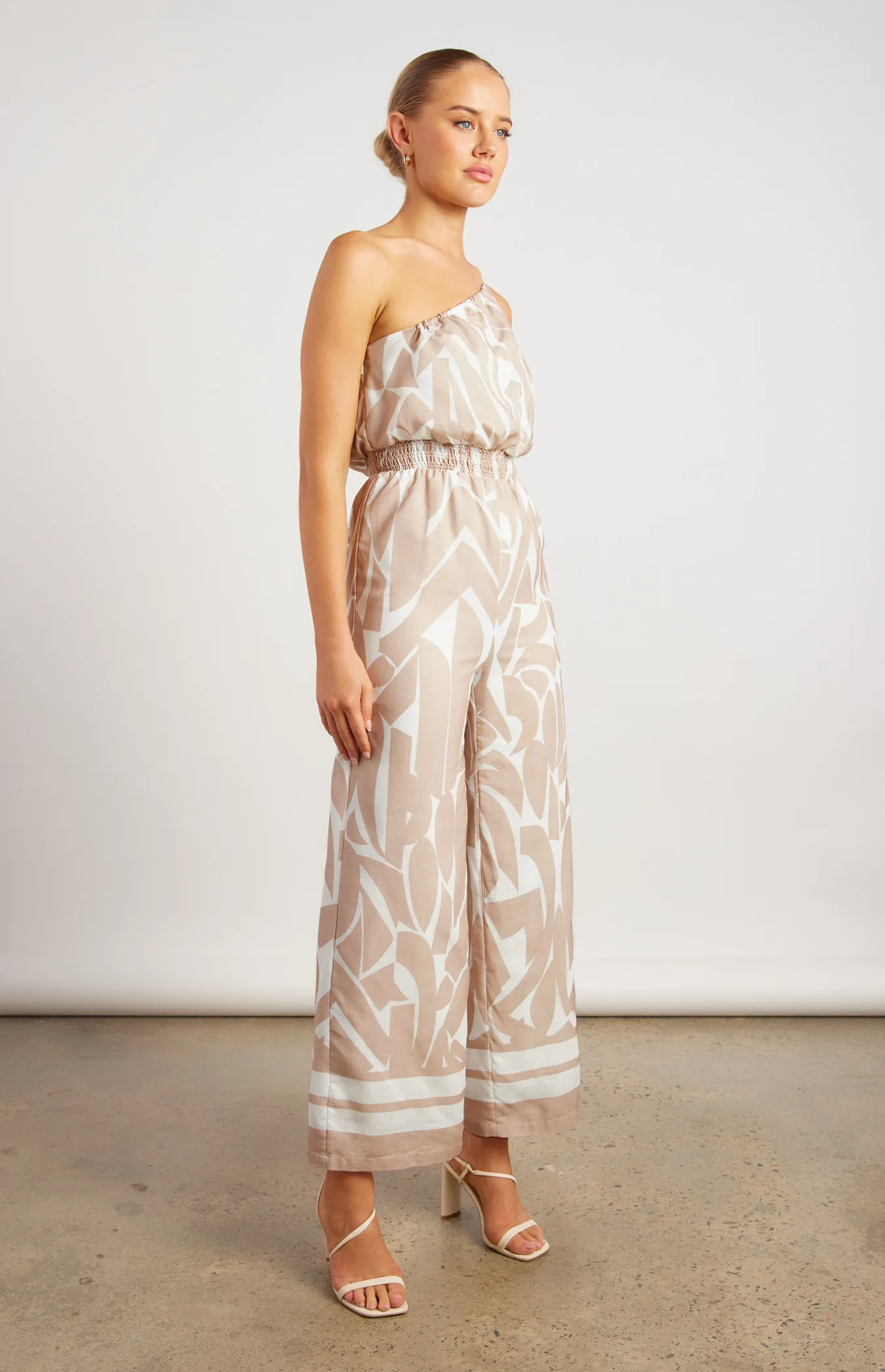 Faux Linen Placement Print Jumpsuit with Shirred Waist Detail (WJP252-2B)