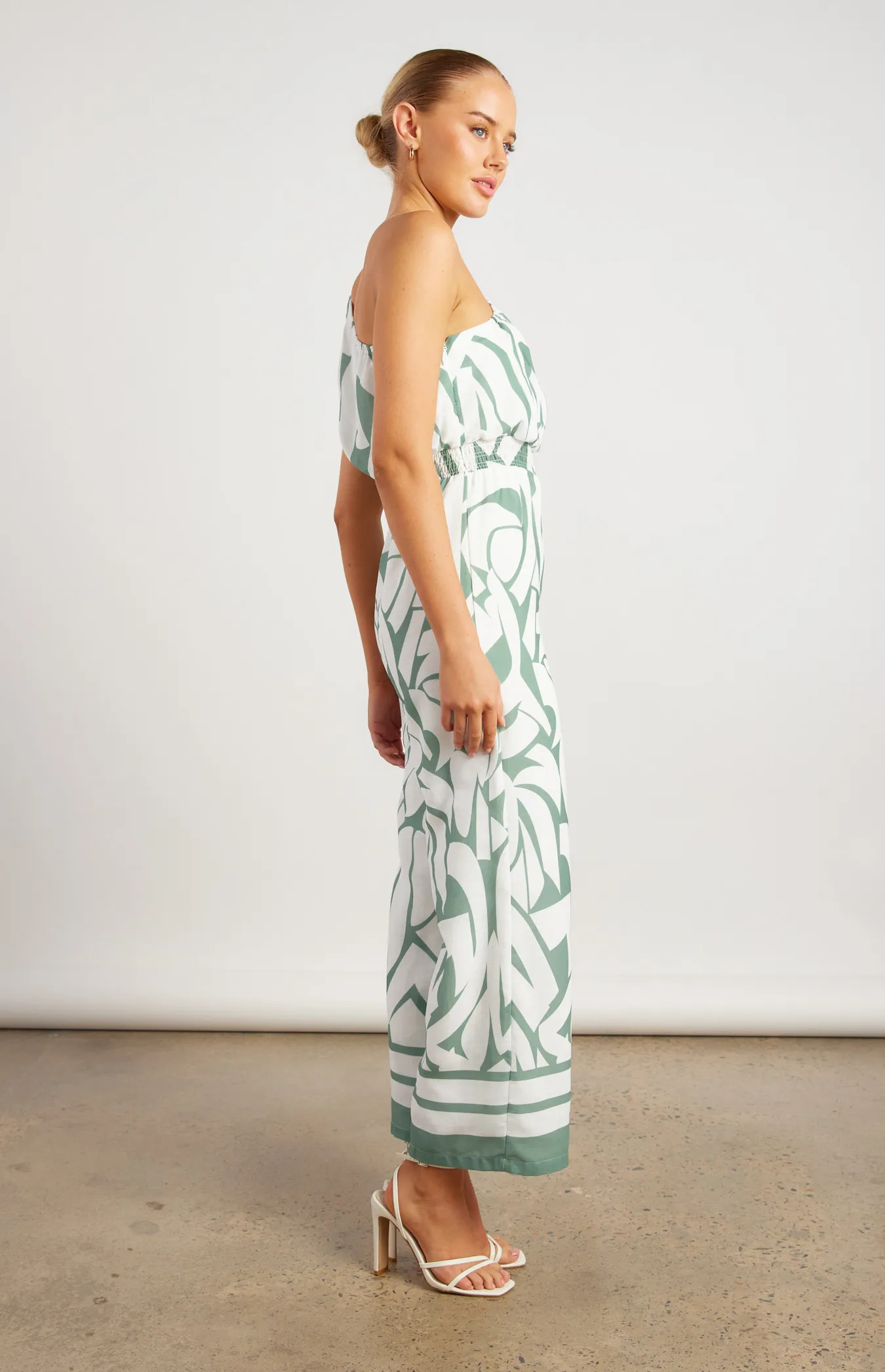 Faux Linen Placement Print Jumpsuit with Shirred Waist Detail (WJP252-2B)