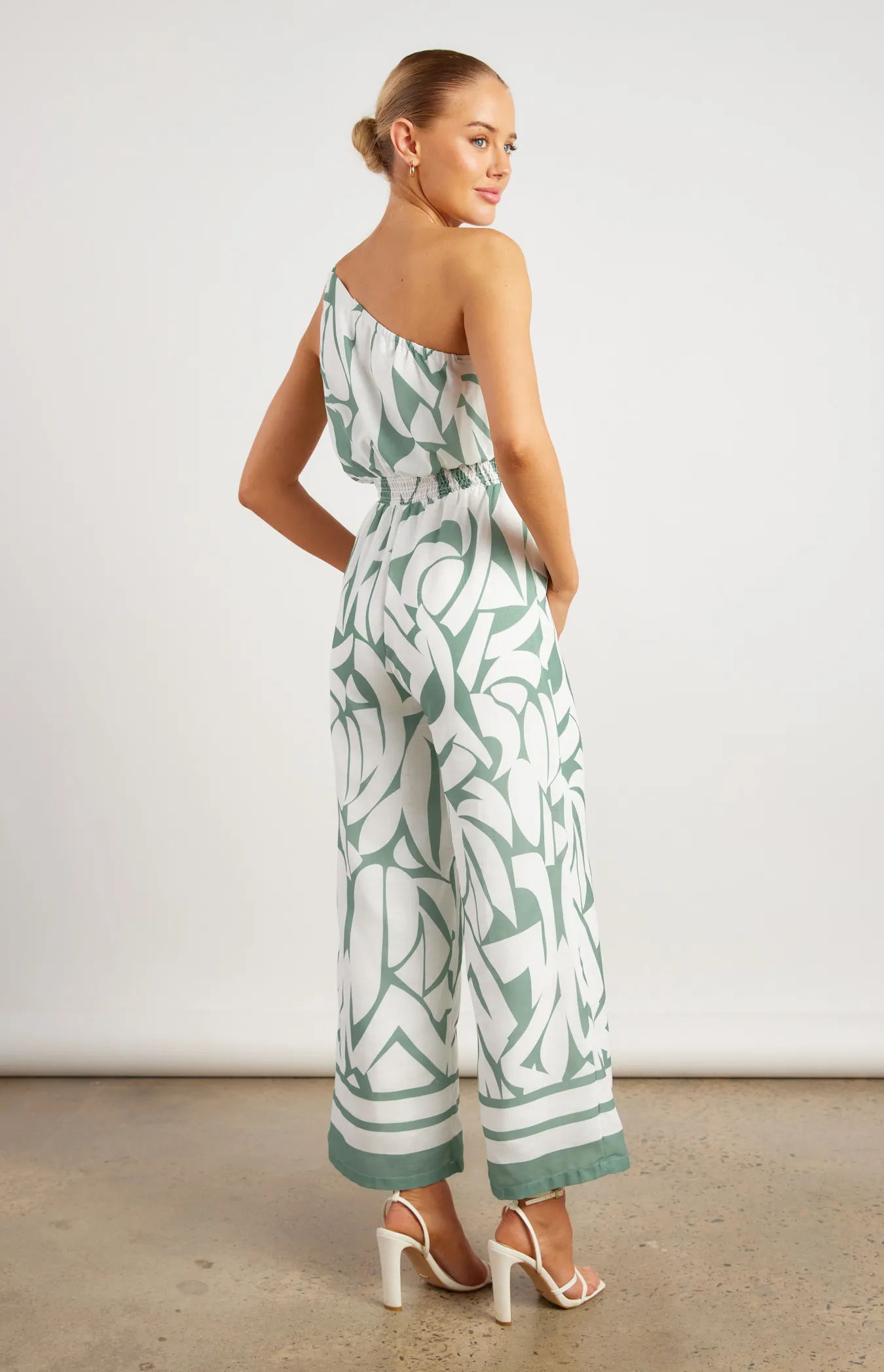 Faux Linen Placement Print Jumpsuit with Shirred Waist Detail (WJP252-2B)