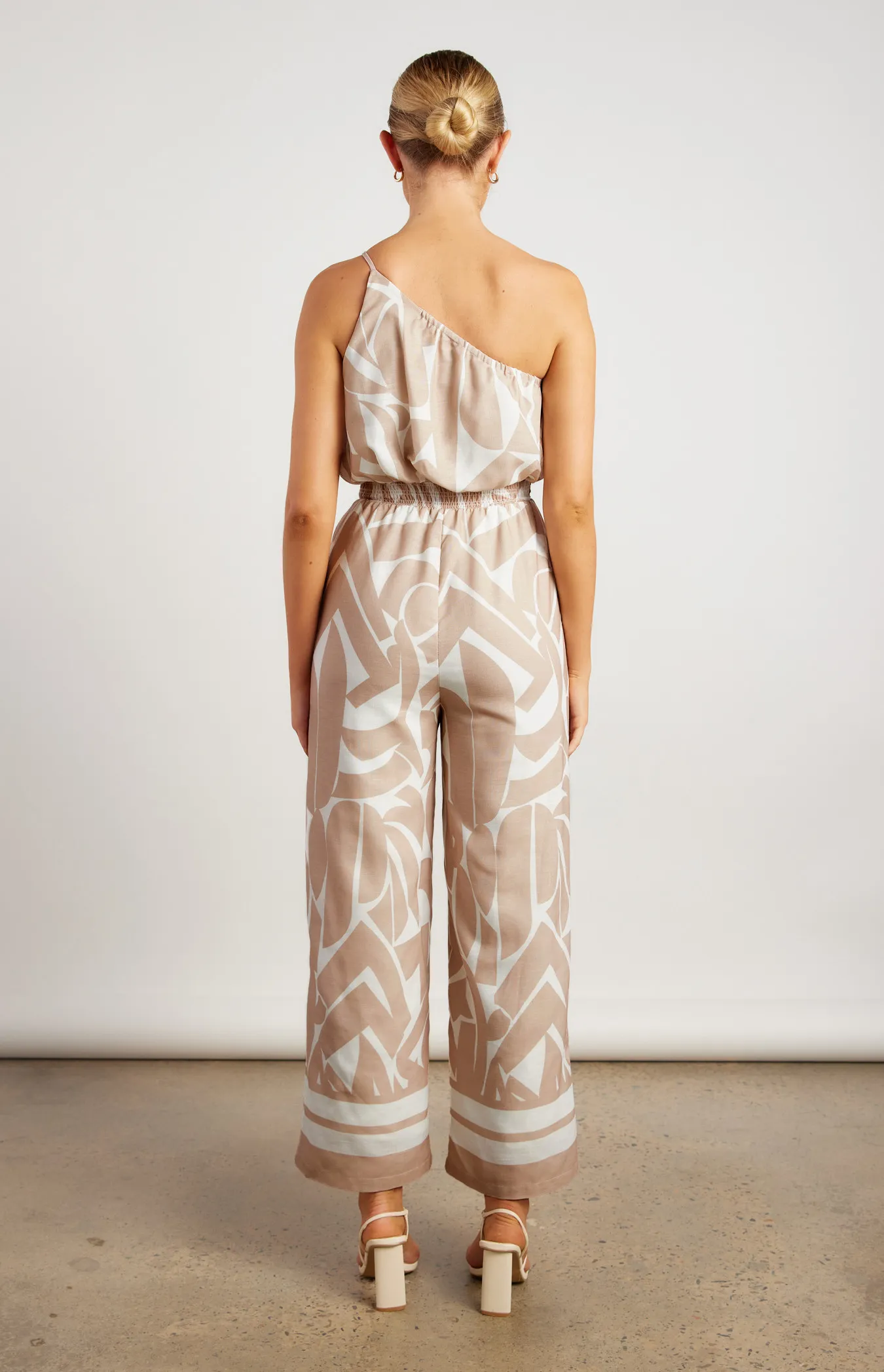 Faux Linen Placement Print Jumpsuit with Shirred Waist Detail (WJP252-2B)