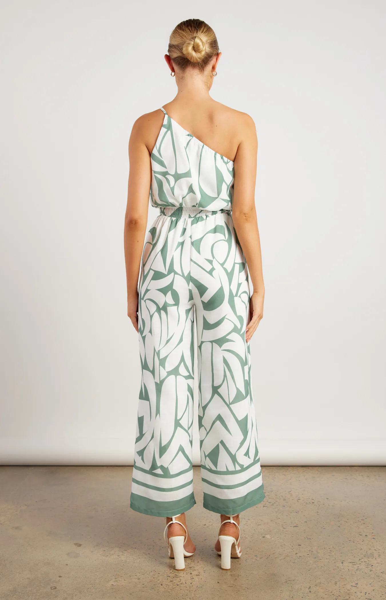 Faux Linen Placement Print Jumpsuit with Shirred Waist Detail (WJP252-2B)