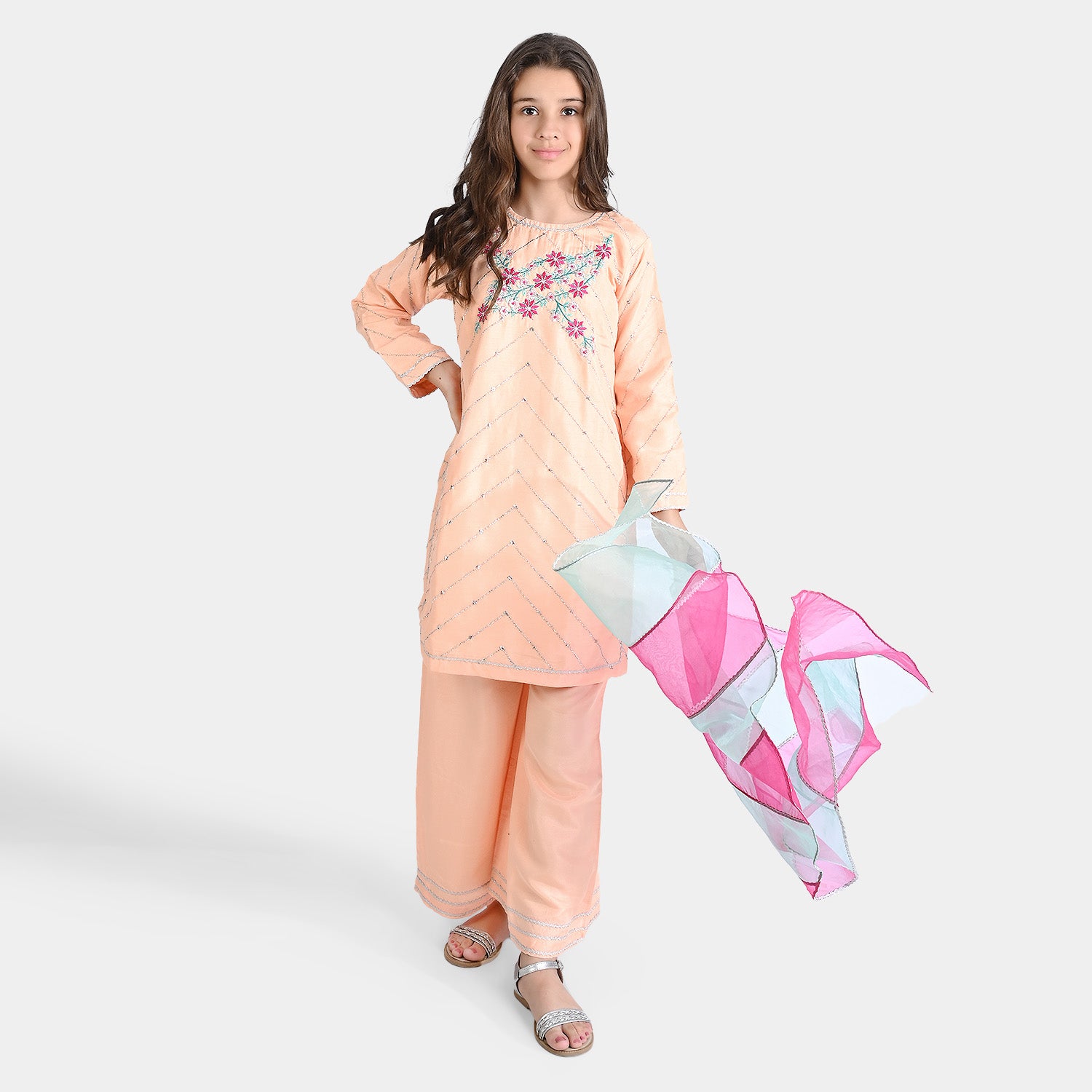 Girls Raw Silk 3Pcs Delicate-Peach