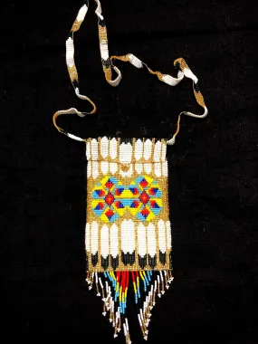 Guatemalan handcrafted glass bead shoulder bag, approximately 4” x 7” with a 32 inch strap. The bags are decorated on both sides