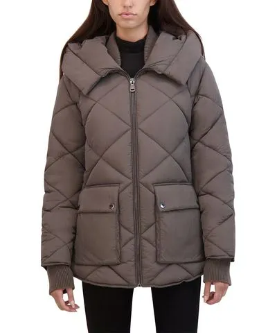 Kenneth Cole Diamond Quilted Crinkle Puffer Coat