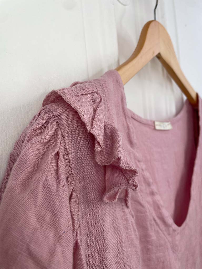 Linen Frill Sleeve Top - Dusky Rose