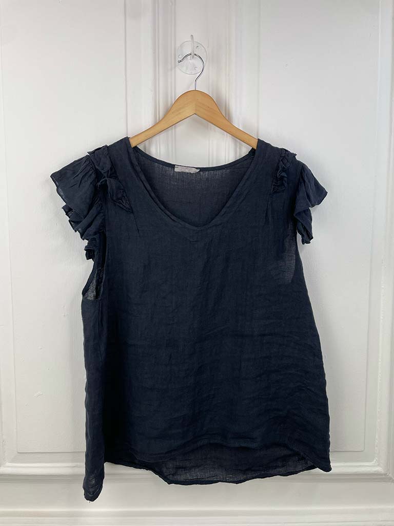 Linen Frill Sleeve Top - Navy