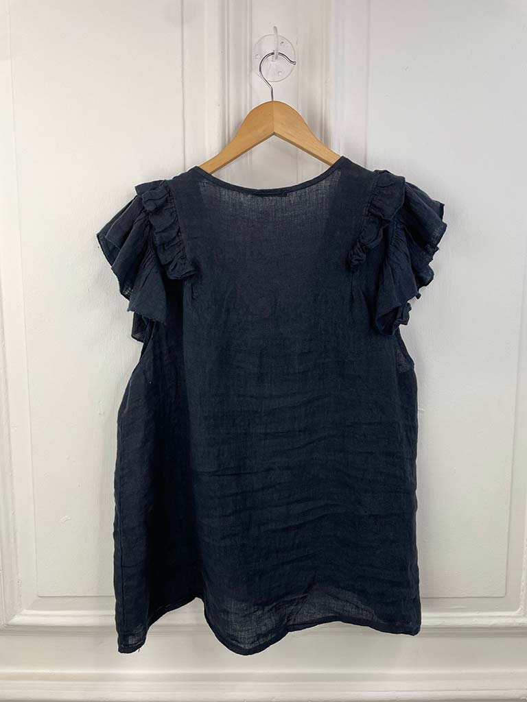 Linen Frill Sleeve Top - Navy