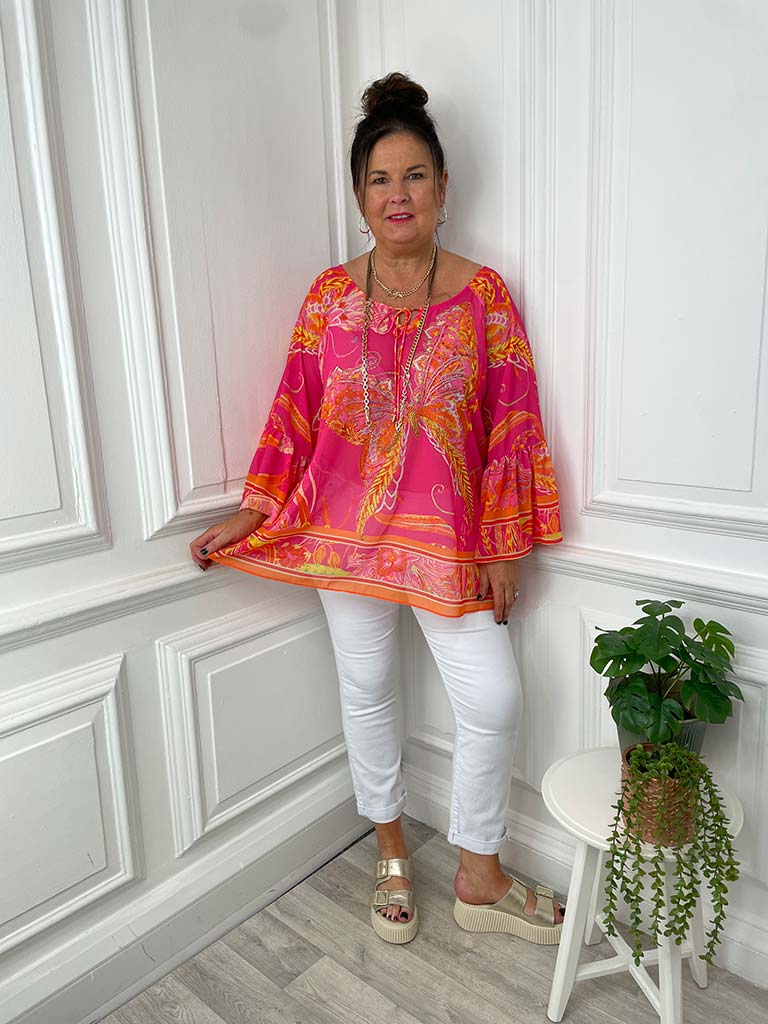 Malissa J Butterfly Print Kaftan Top - Hot Pink