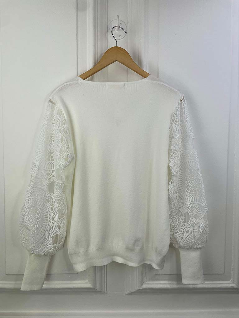 Malissa J Crochet Sleeve Knit - Warm White