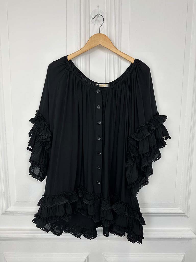 Malissa J Pom Pom Ruffle Top - Black