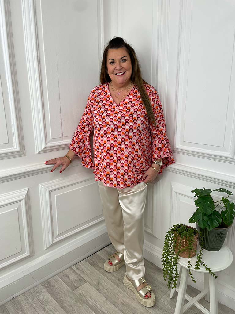 Malissa J Scallop Print Flute Sleeve Top - Coral