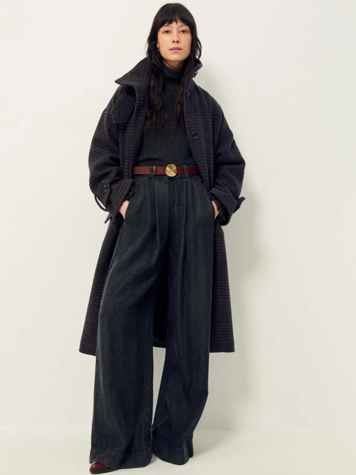 MiaMia Check Coat - Navy/Brown