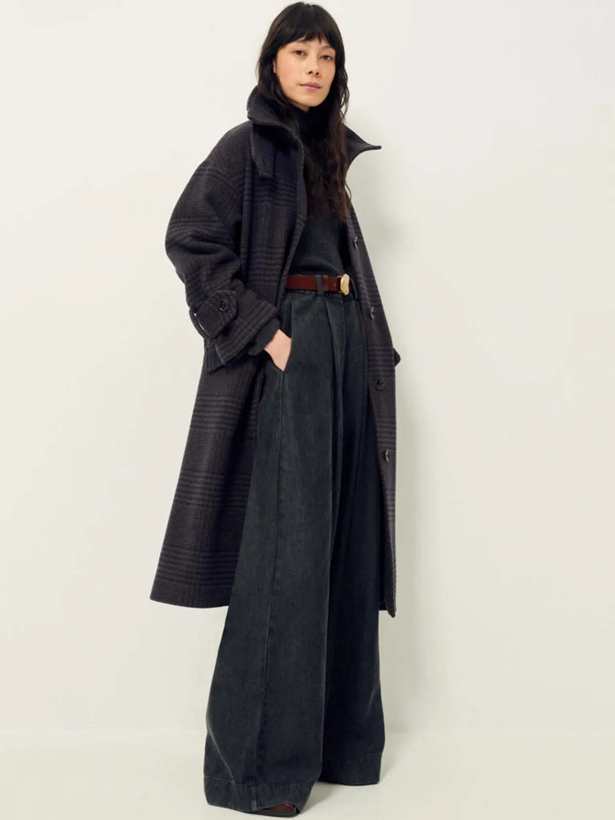 MiaMia Check Coat - Navy/Brown