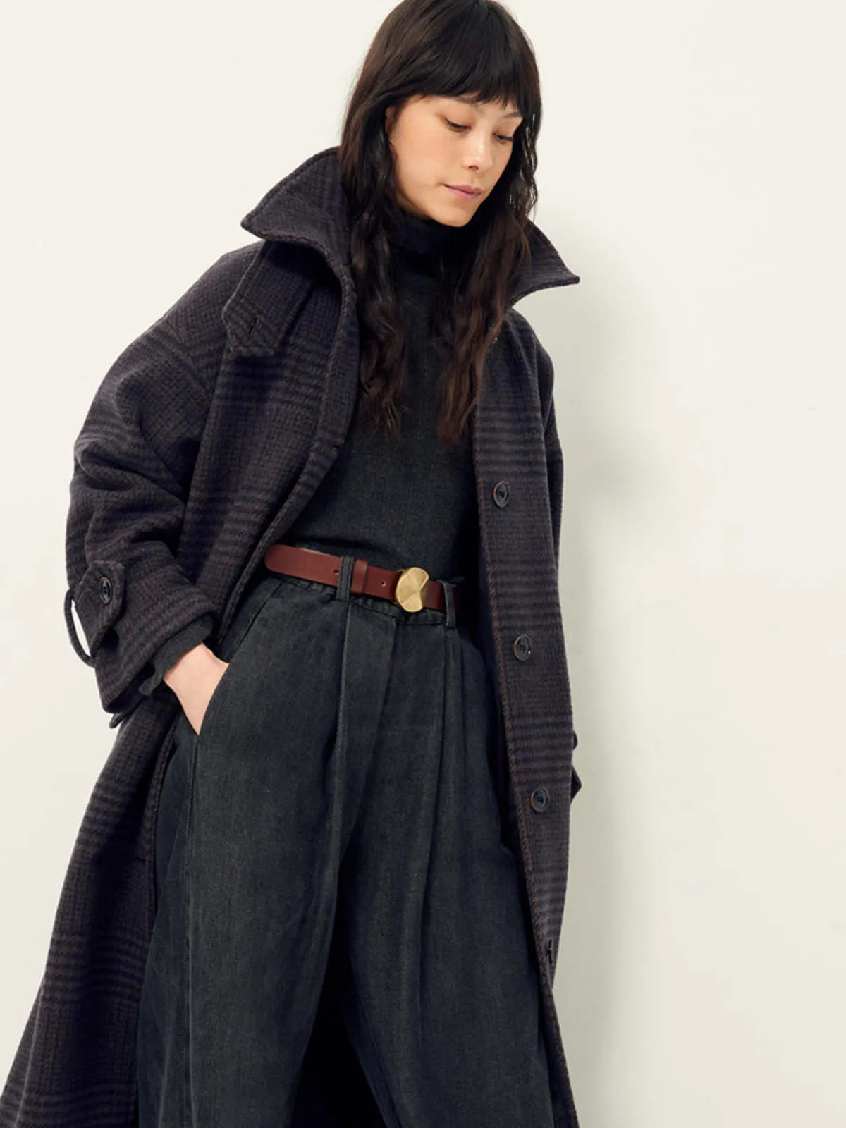 MiaMia Check Coat - Navy/Brown