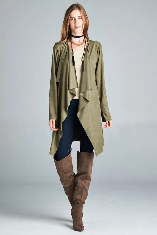 Olive Vegan Suede Waterfall Coat