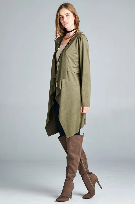 Olive Vegan Suede Waterfall Coat