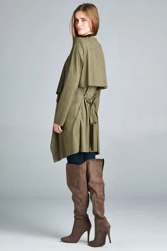 Olive Vegan Suede Waterfall Coat