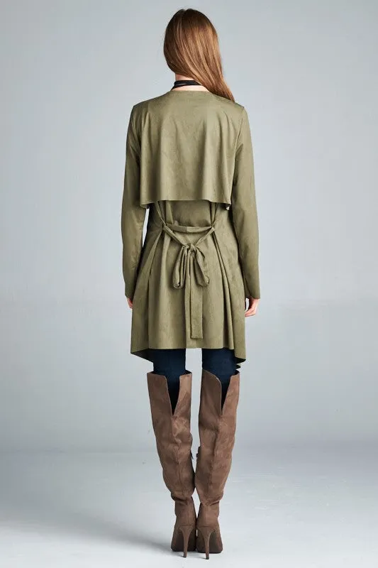 Olive Vegan Suede Waterfall Coat