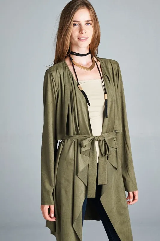 Olive Vegan Suede Waterfall Coat