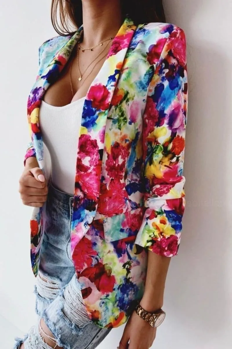 Pink Floral Lapel Detail Ruched Sleeve Blazer