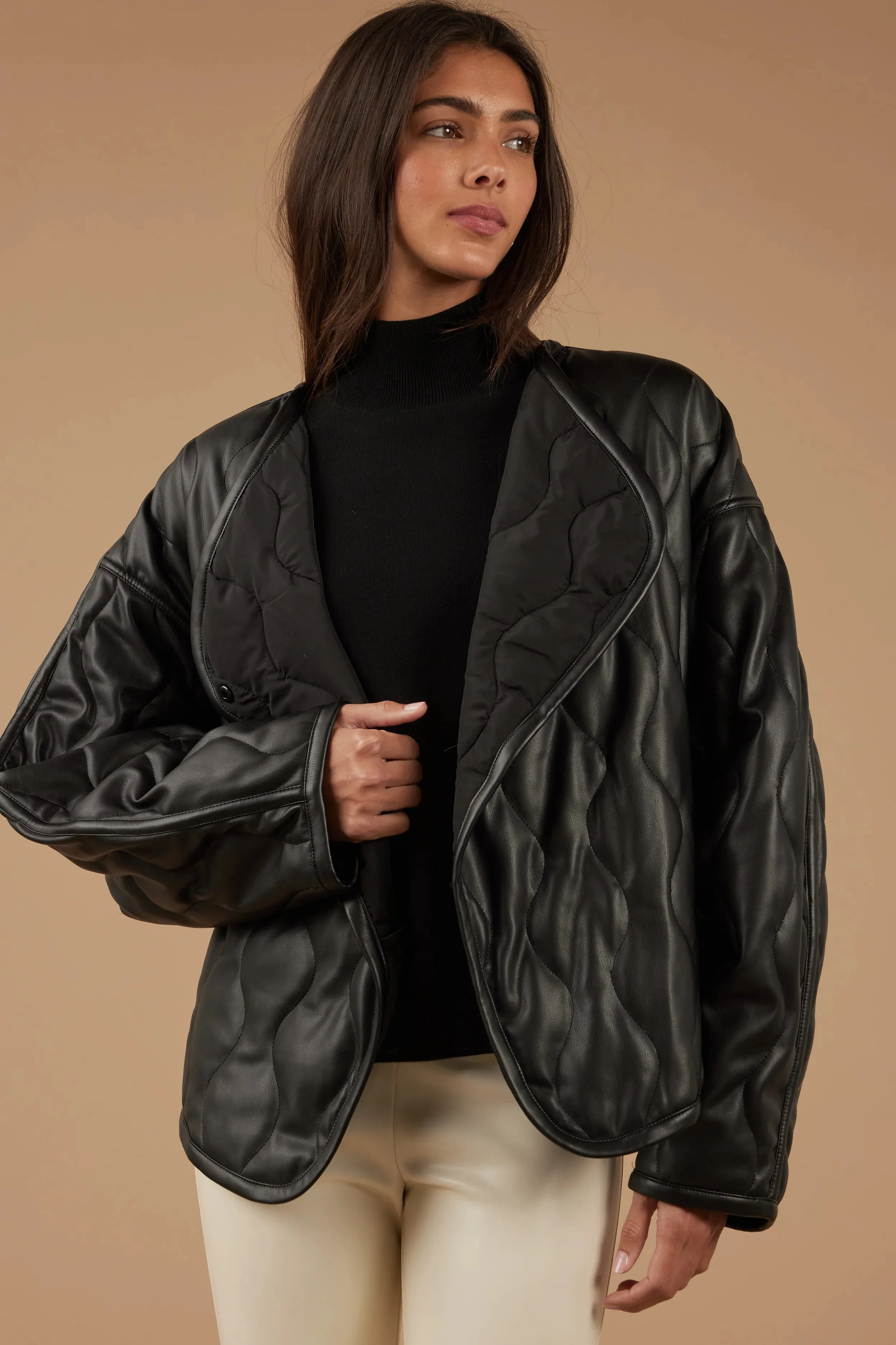 Quilted Vegan Leather Jacket in Black