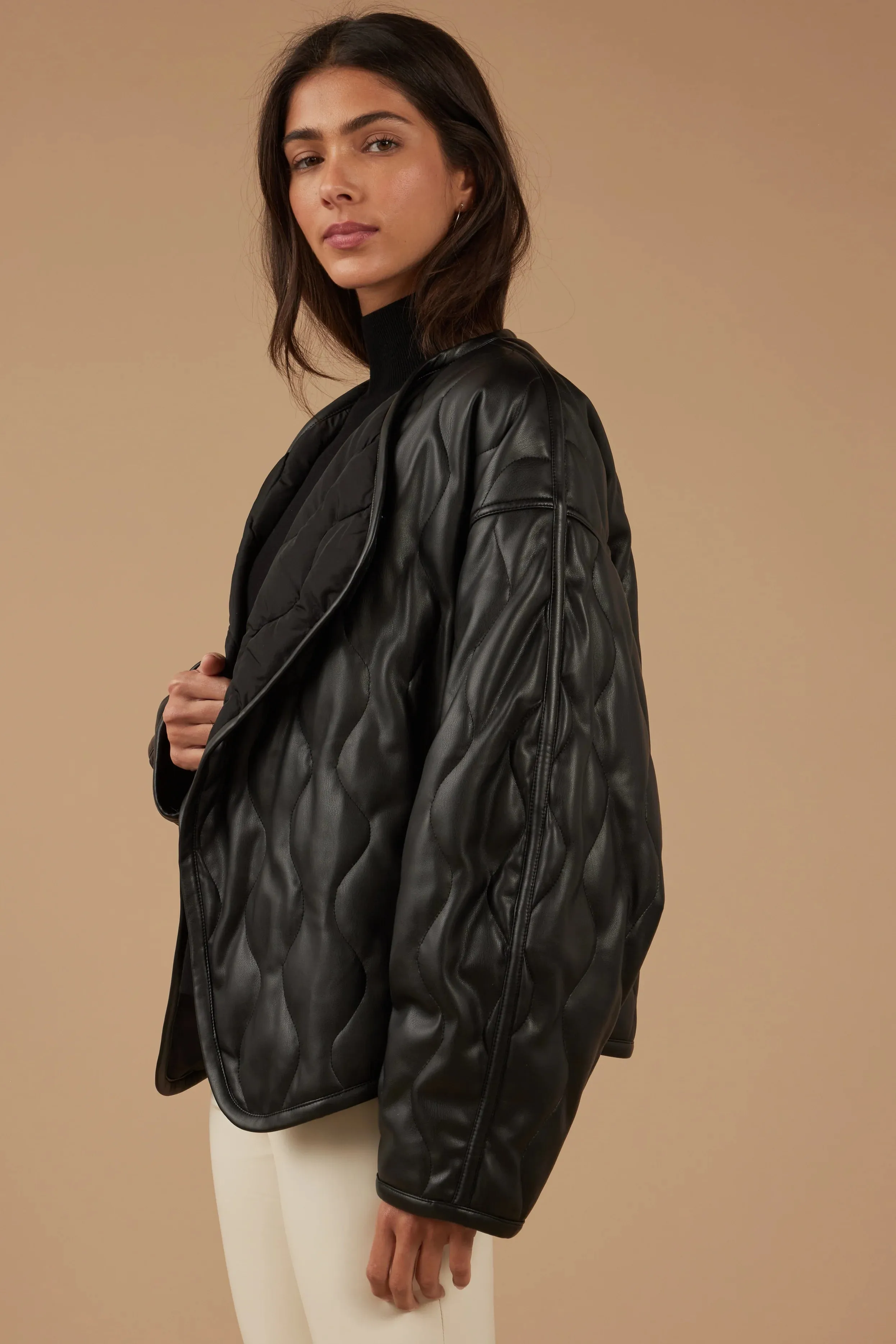 Quilted Vegan Leather Jacket in Black