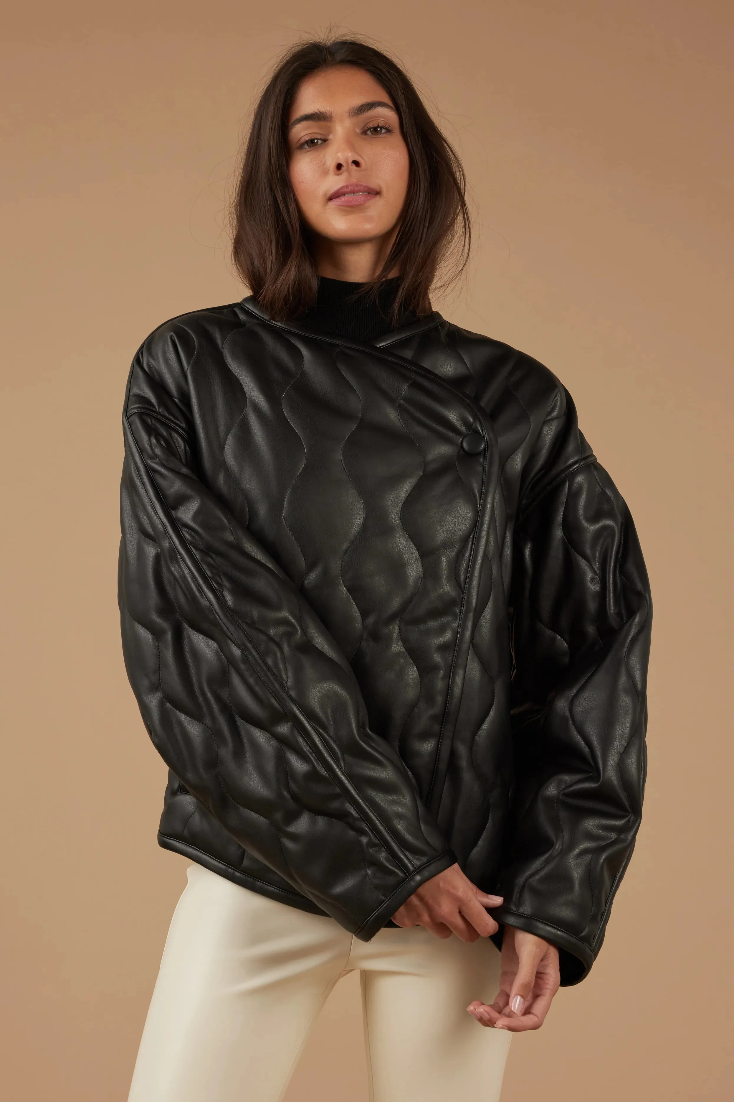 Quilted Vegan Leather Jacket in Black