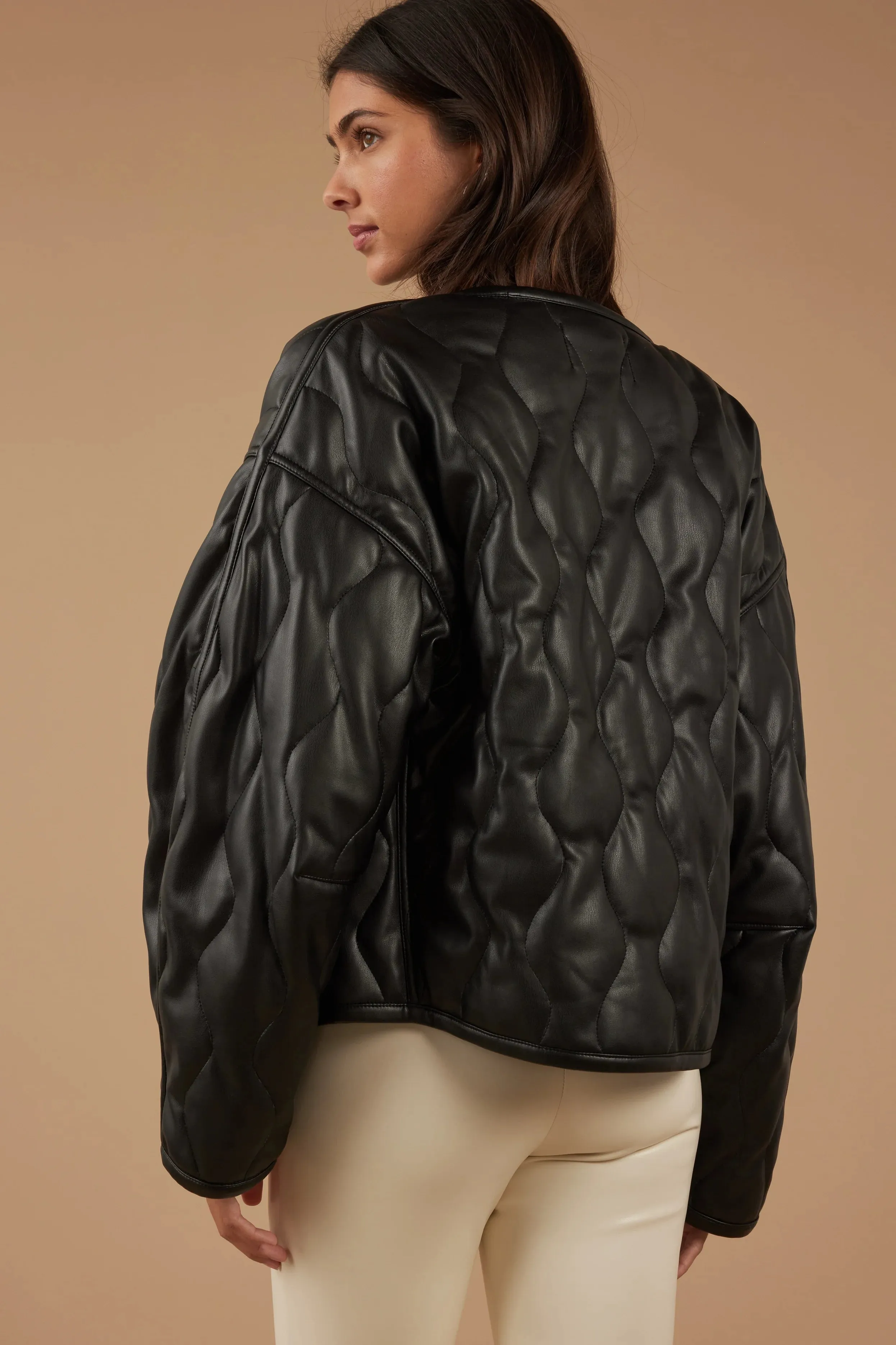 Quilted Vegan Leather Jacket in Black