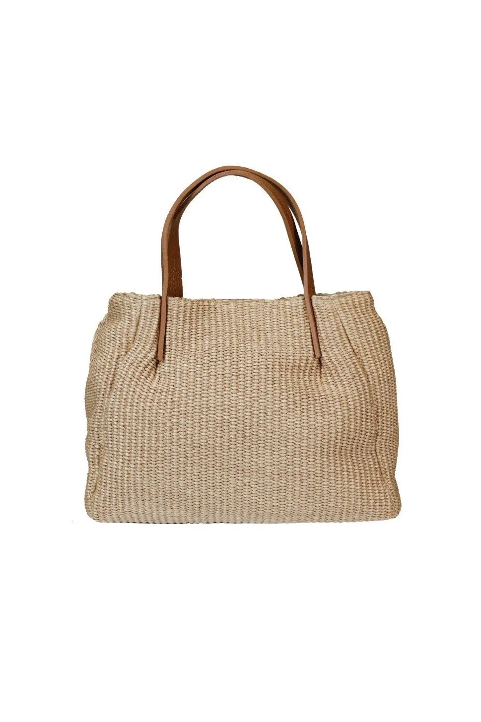 Shopping bag in raffia con manico in pelle