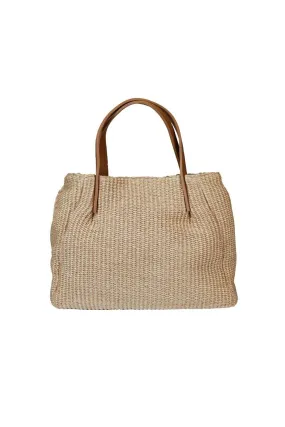 Shopping bag in raffia con manico in pelle