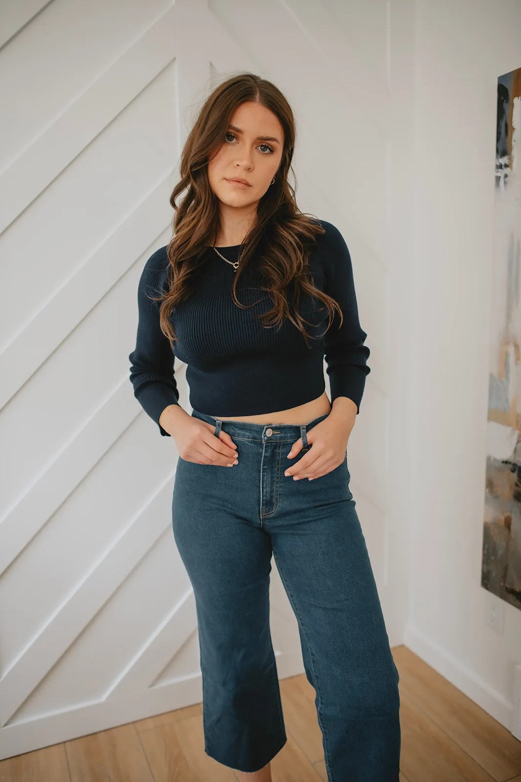 The Ribbed Knit Cropped Top - Navy